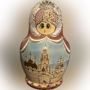 Russian Nesting Dolls (9) with Scenic Design. Signed